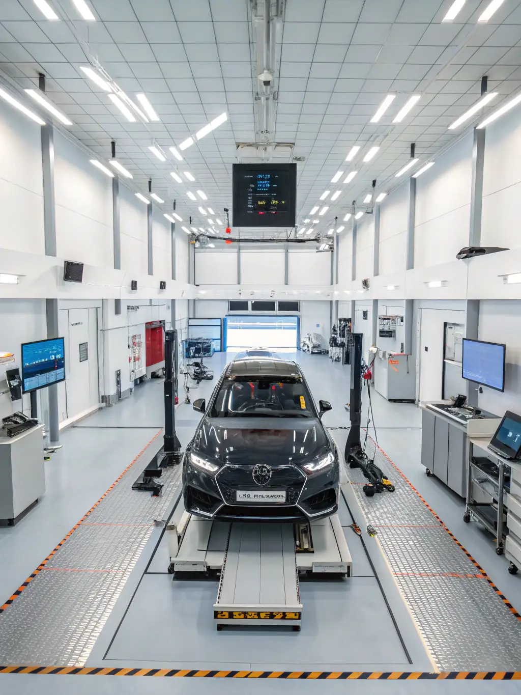 A detailed image showcasing a Tier-1 automotive supplier's testing facility, with HeartRay's biometric sensors being evaluated for performance and reliability in various driving conditions.
