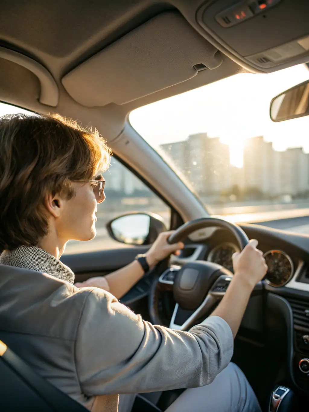 A visually appealing image of a driver using an aftermarket driver monitoring system in their personal vehicle, emphasizing ease of installation and user-friendliness.